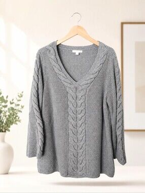 Westport 1962 Gray Cable Knit V-Neck Sweater Women's Plus Size 2X Shimmer